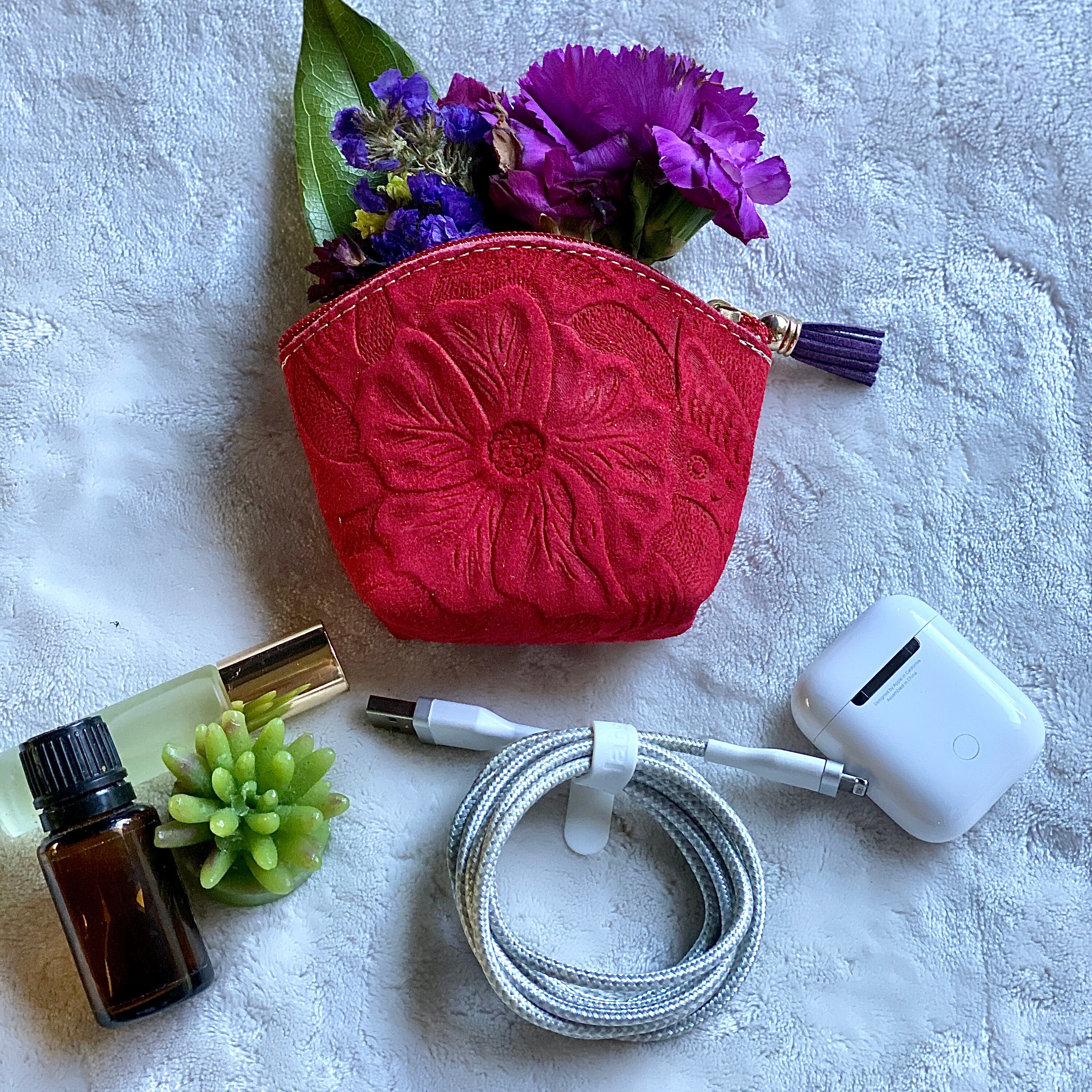 Floral leather cosmetic bag small makeup pouch small leather bag