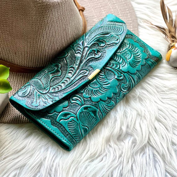 Boho Floral Tooled Leather Wallet: Sustainable Women's Wallet