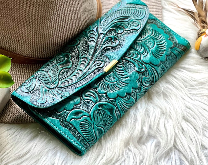 Boho Floral Tooled Leather Wallet: Sustainable Women's Wallet