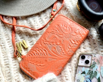 Phone Wallet Crossbody for Women • Tooled Leather Wristlet Wallet • Floral Cell Phone Purse • Small Crossbody Bag • Engraved Gift for Mom