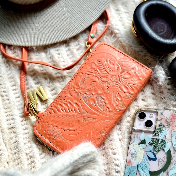 Phone Wallet Crossbody for Women • Tooled Leather Wristlet Wallet • Floral Cell Phone Purse • Small Crossbody Bag • Engraved Gift for Mom