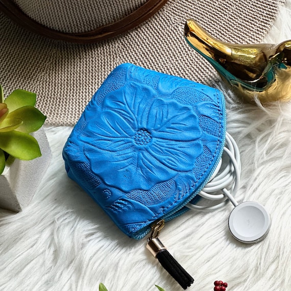 Handmade Floral Leather Coin Purse, Small Zipper Pouch, AirPods & Cable Organizer for Women