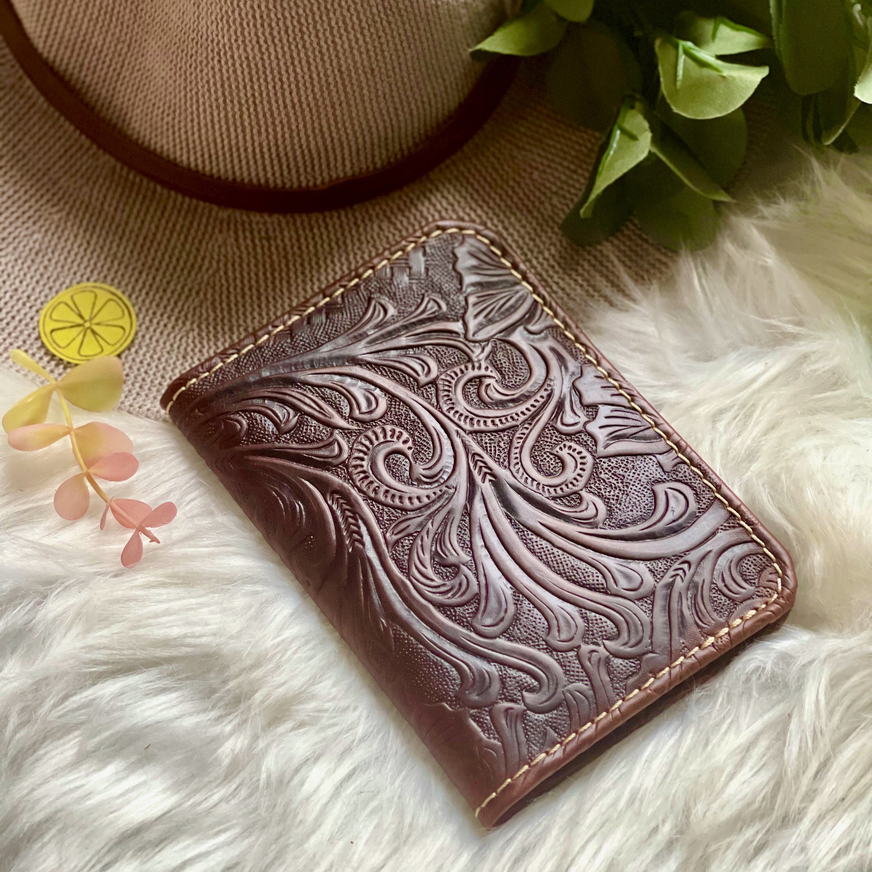 Boho western sustainable leather passport holder • tooled leather
