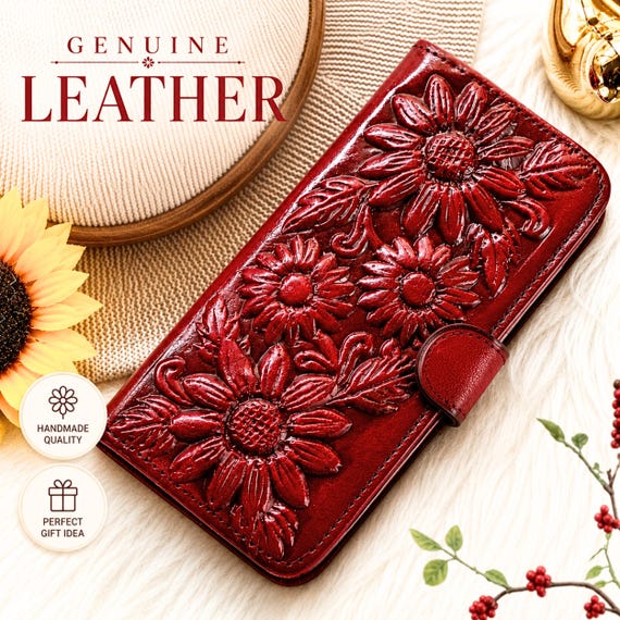 Personalized Sunflower Leather Wallet for Women, Handmade Floral Bifold Wallet, Engraved Gift for Her