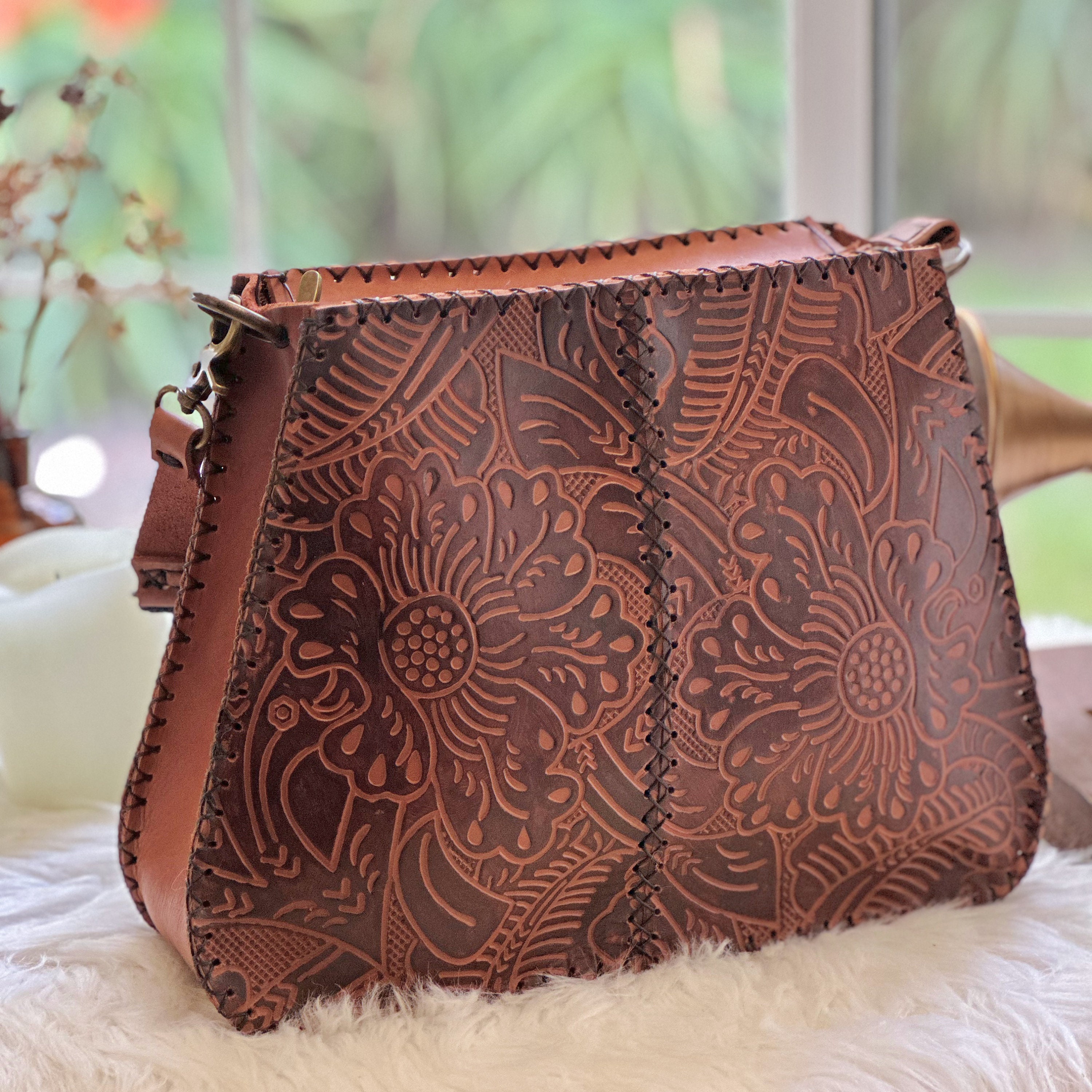 Saddle shoulder bag • Boho leather bag • Embossed leather bags for
