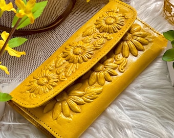 Sunflower Wallet for Women • Handmade Leather Long Wallet • Personalized Cottagecore Gift
