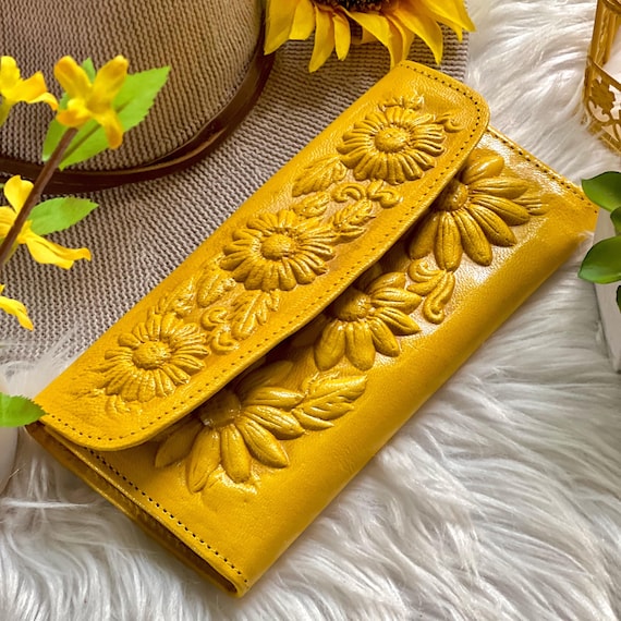 Sunflower Wallet for Women • Handmade Leather Long Wallet • Personalized Cottagecore Gift