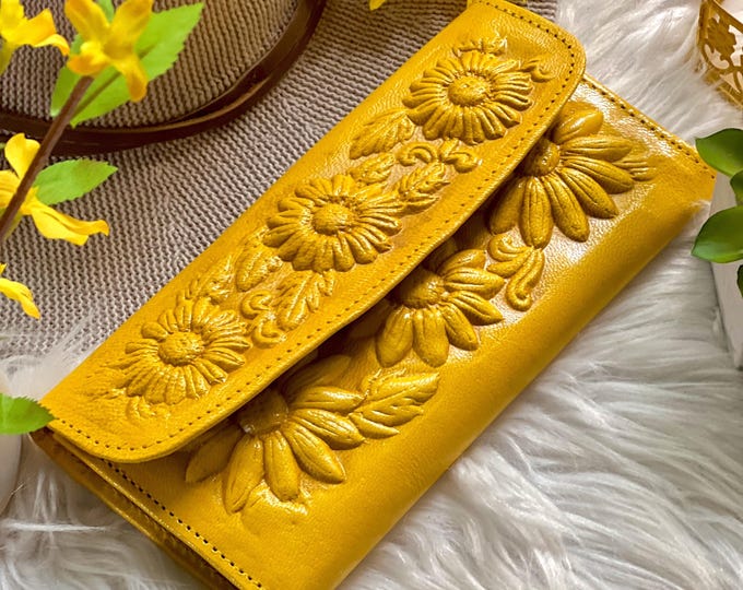 Handmade Authentic leather Women's Wallet • Sunflower Gift • Envelope Wallet for Women