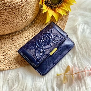 Mini billetera de cuero estilo vintage con espejo • Monedero pequeño a presión • Regalo personalizado para ella