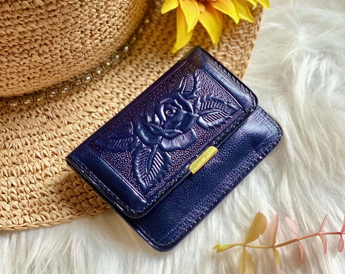 Vintage style Leather Mini Wallet with Mirror • Small Snap Purse • Personalized Gift for Her