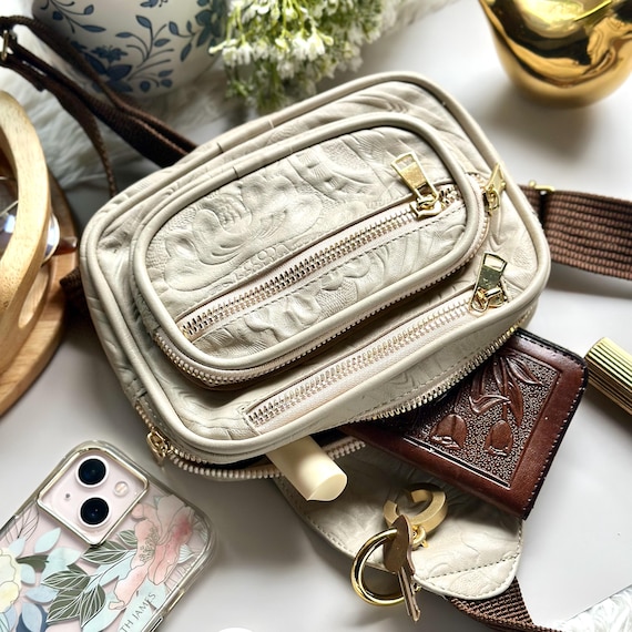 Handmade Leather Fanny Pack for Women • Boho Crossbody Bag • Small Travel Chest Bag • Floral Embossed Belt Bag