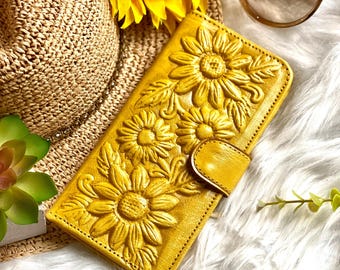 Solrosfärgad läderplånbok för kvinnor, handgjord blommig bifold plånbok, bearbetad läderplånbok, boho plånbok, personlig present till henne