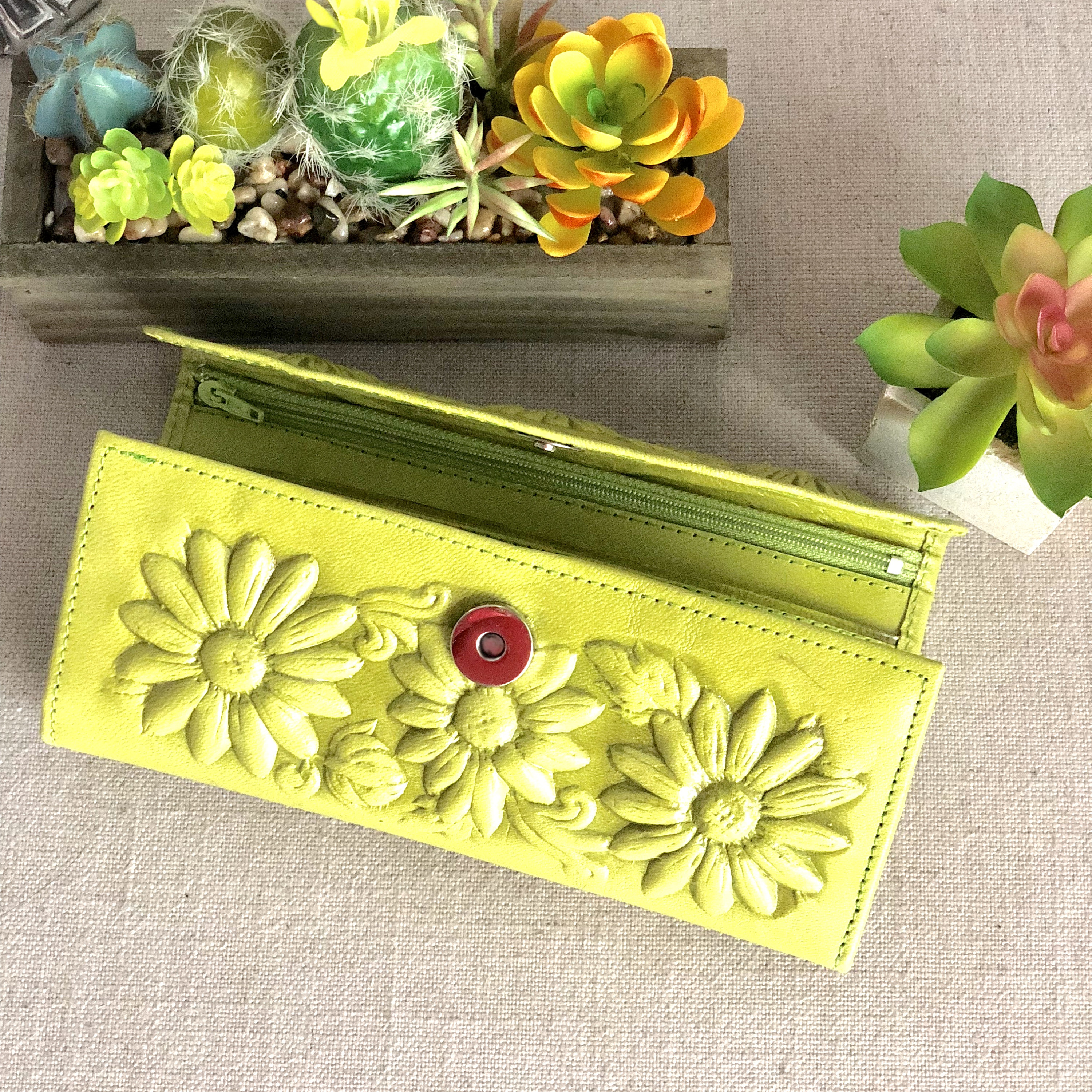 Women's Wallet* Lime Green*Leather Wallet*Floral Wallet*Bohemian Wallet