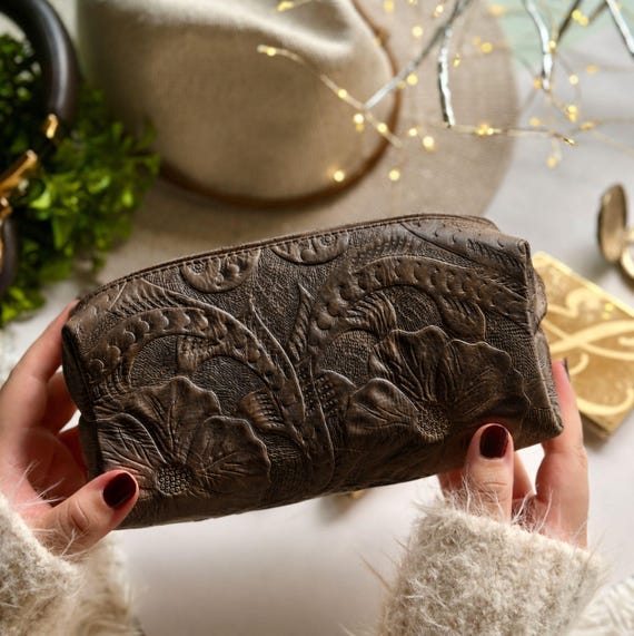 Handmade Leather Floral Makeup Bag: Personalized Boho Cosmetic Case