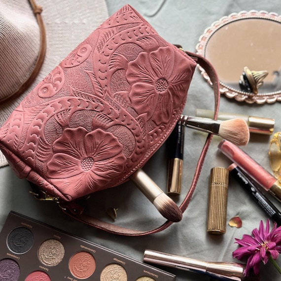 Handmade Embossed Leather Makeup Bag: Sustainable Travel Toiletry Pouch