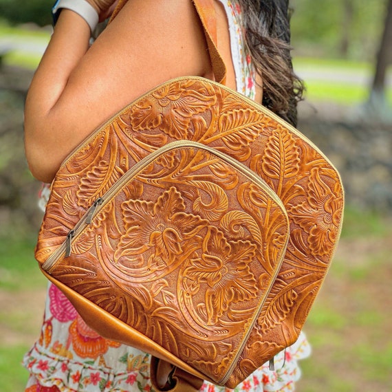 Handmade Leather Backpack Purse: Embossed Floral Travel Bag
