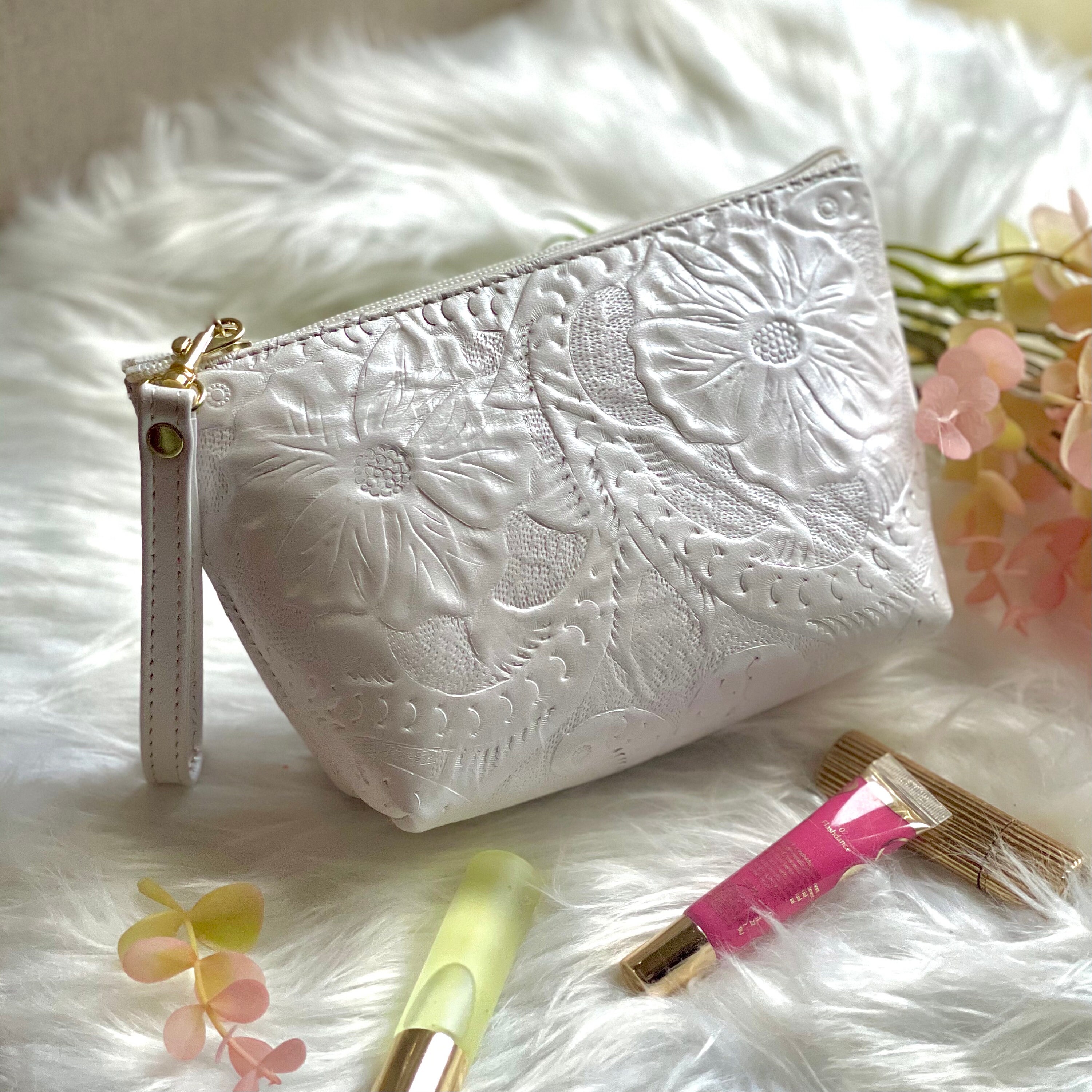 Embossed Leather makeup bag • women's Toiletry bag • Cosmetic Bag