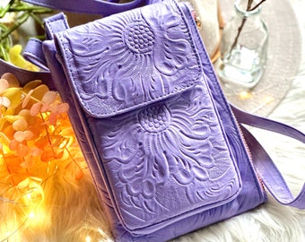 Embossed Floral Leather Cellphone Crossbody Bag - Personalized Women's Purse