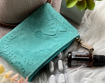 Carved leather Small Bag• Makeup pouch for purse • Small cosmetic bag • Personalized bag
