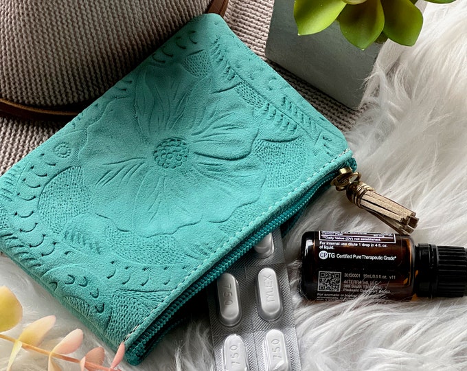 Carved leather Small Bag• Makeup pouch for purse • Small cosmetic bag • Personalized bag