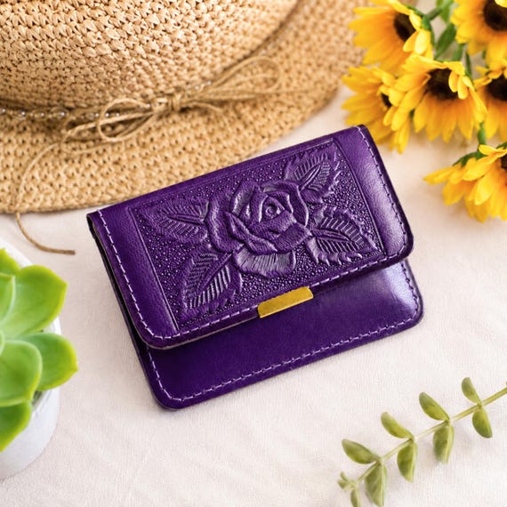 Personalized Hidden Message Mini Leather Wallet, Floral Keepsake, gift for her