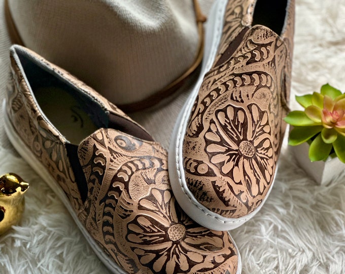 Handmade Embossed Leather Loafers for Women – Boho Style Slip-On Shoes