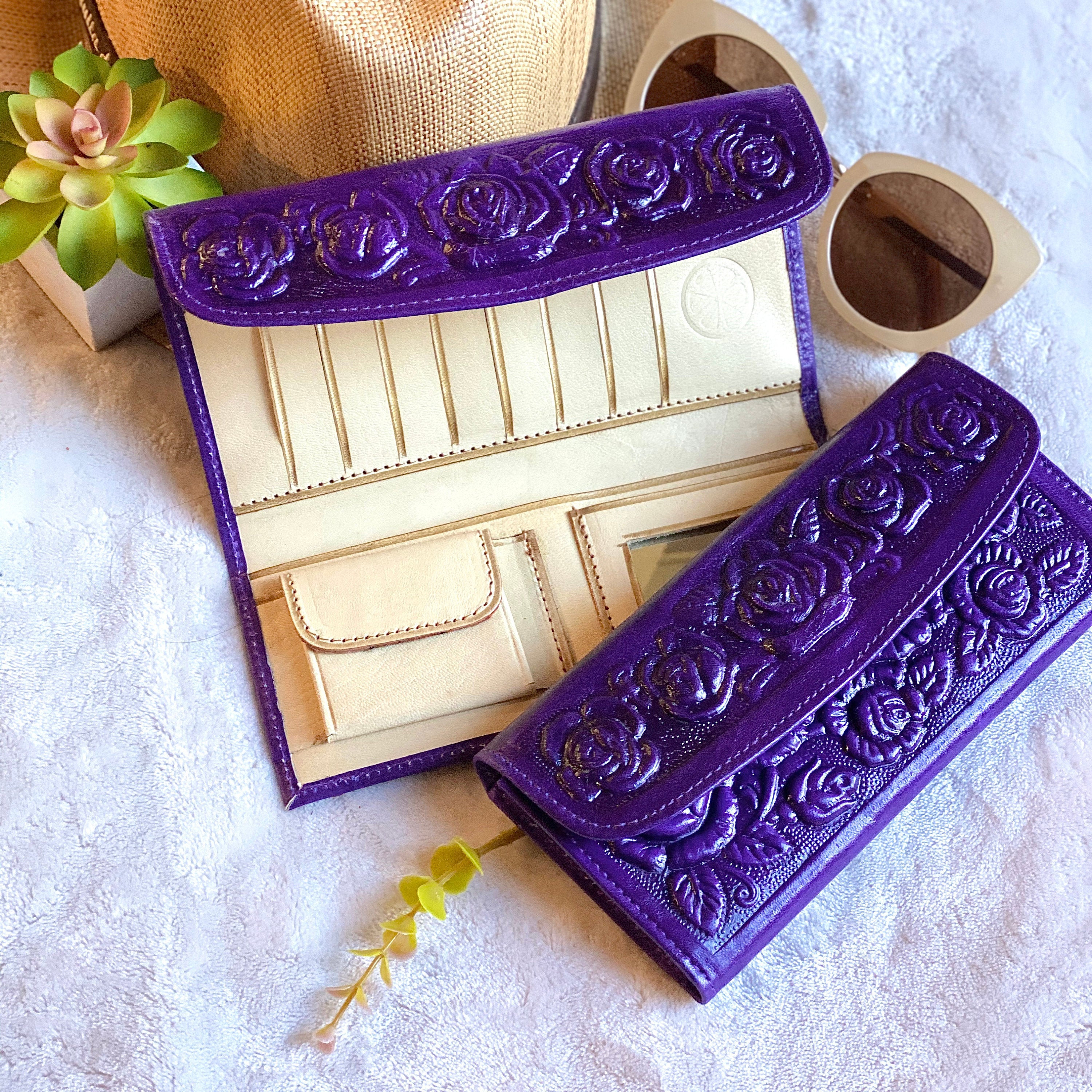 Handmade purple roses leather wallets for women Bicolor leather