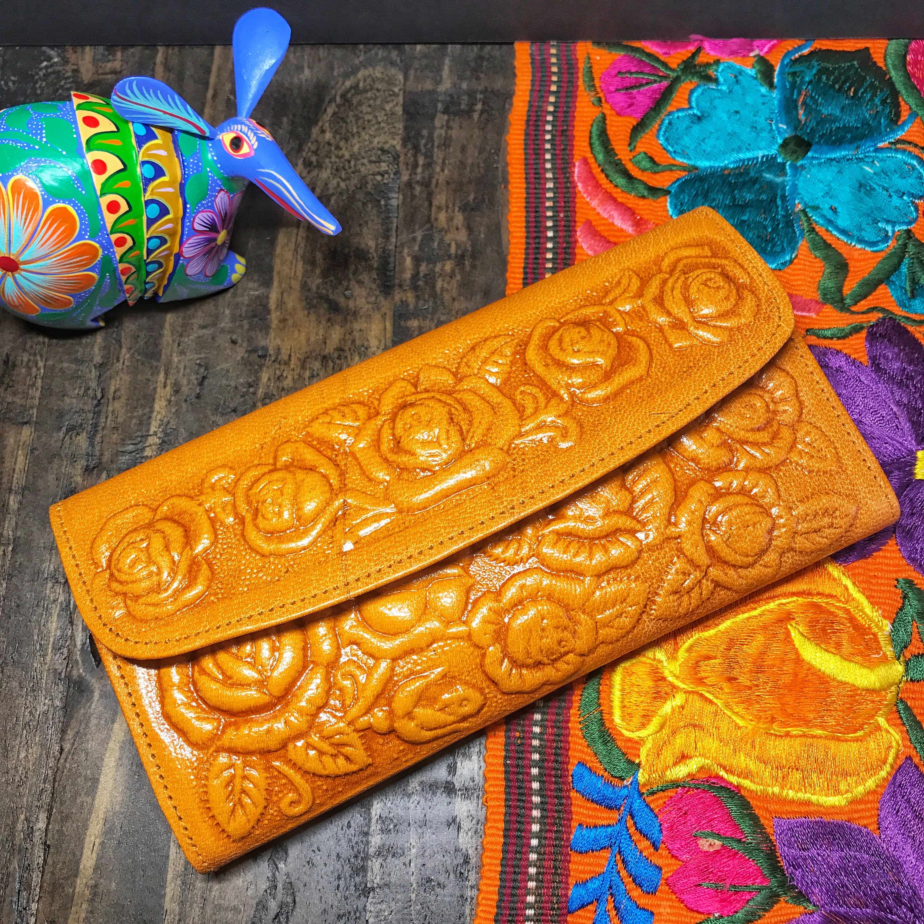 Keep It Gypsy Trifold Gold Distressed Hand Tooled Wallet Wristlet with  Cream Strap