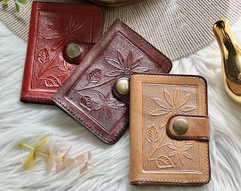 Floral Embossed Leather Card Holder Wallet: Handmade Slim Design
