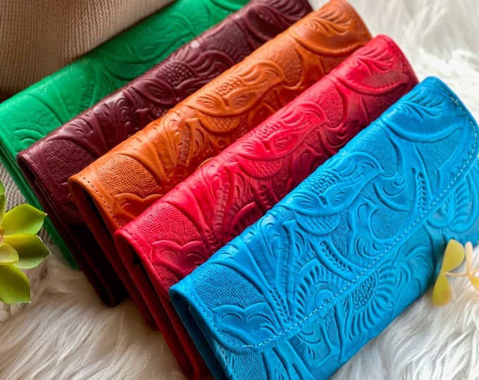 Soft Leather Wallet for Women • Beautiful Red Wallet with Embossed Floral Design • Cute and Engraved Credit Card Wallet