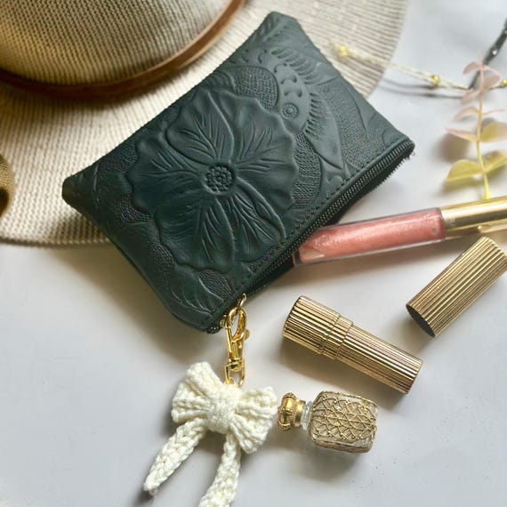 Embossed Leather Zipper Pouch – Small Floral Makeup & Cosmetic Bag