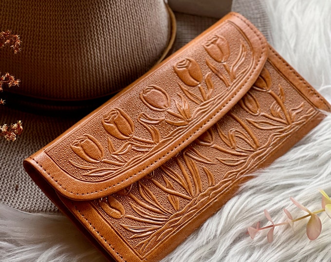 Embossed Leather Wallet for Women • Long Leather Wallet with Card Slots • Boho Tooled Wallet • Gift for Her • Handmade Wallet