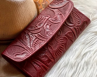 Floral Embossed Leather Wallet for Women: Handmade Buttery Soft Slim Design