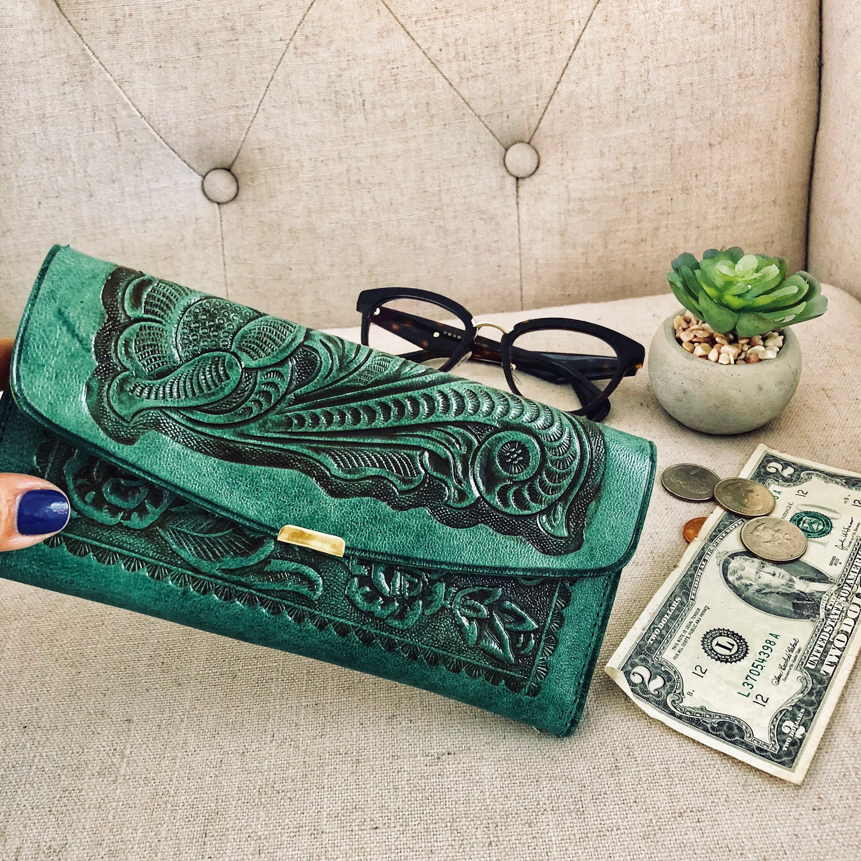 Green Leather Wallet / Leather Wallet / Mexican Wallet
