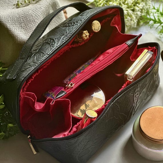 Handcrafted Leather Makeup Bag with Letter Charm: Personalized Organizer