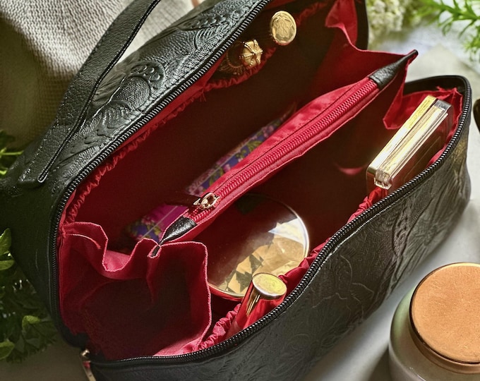 Handcrafted Leather Makeup Bag with Letter Charm: Personalized Organizer