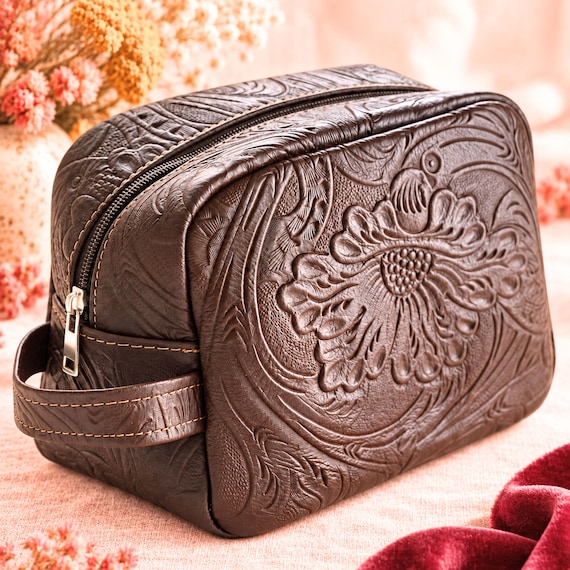 Embossed Leather Toiletry Bag: Handmade Boho Cosmetic Travel Pouch
