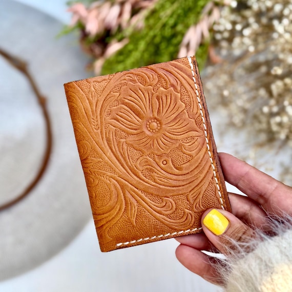 Tooled Leather Card Holder for Women - Floral Wallet -  Small Western Bifold Wallet