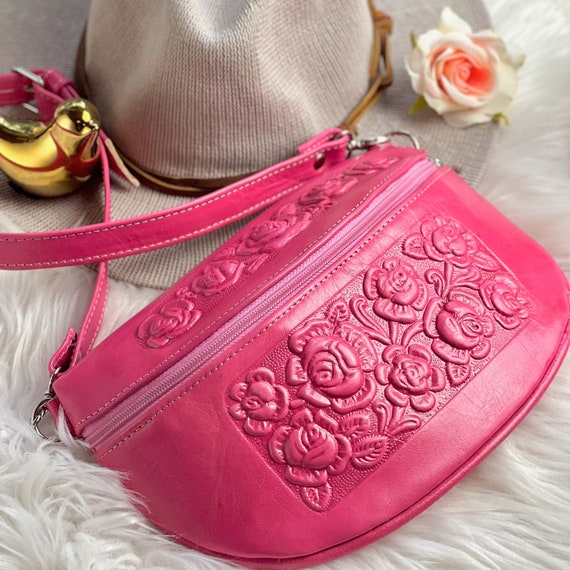 Embossed Roses Leather Belt Bag: Handmade Boho Hip Pack