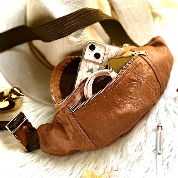 Embossed Leather Crossbody Bag: Handmade Floral Sling Bag • Fanny Pack Women