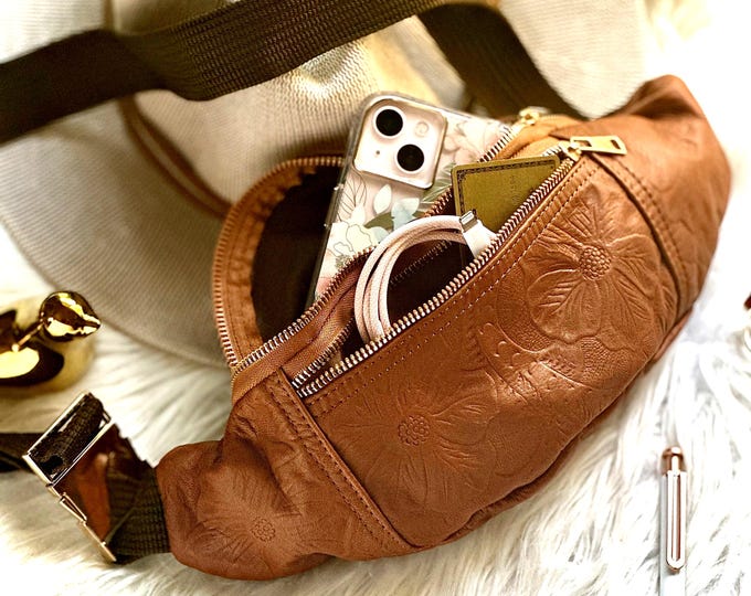 Embossed Leather Crossbody Bag: Handmade Floral Sling Bag • Fanny Pack Women