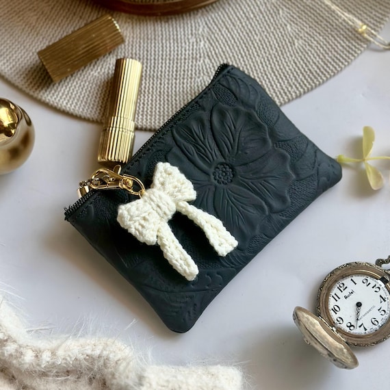 Coquette Bow Leather Pouch • Handmade Floral Makeup Bag • Romantic Cottagecore Wallet