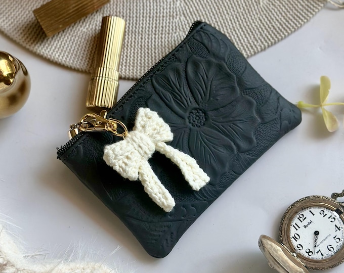 Coquette Bow Leather Pouch • Handmade Floral Makeup Bag • Romantic Cottagecore Wallet