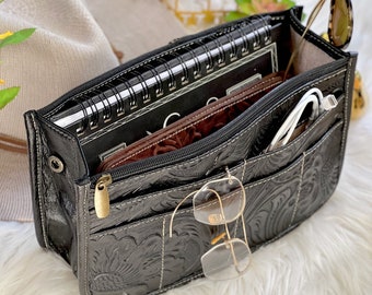 Embossed leather bag organizer insert • purse organizer insert  • flowers tote bag organizer • bag in bag • organizer insert