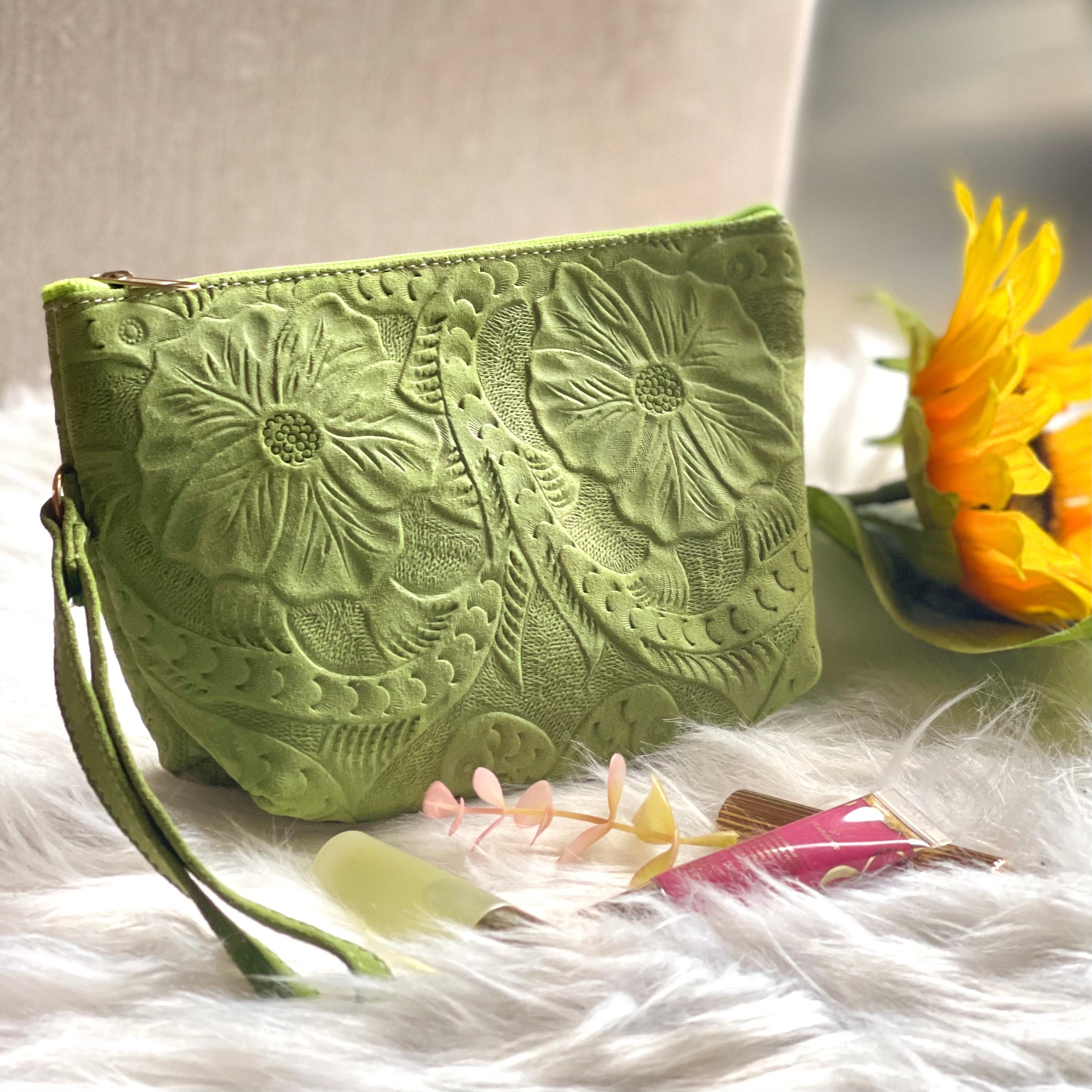 Embossed Leather makeup bag • women's Toiletry bag • Cosmetic Bag