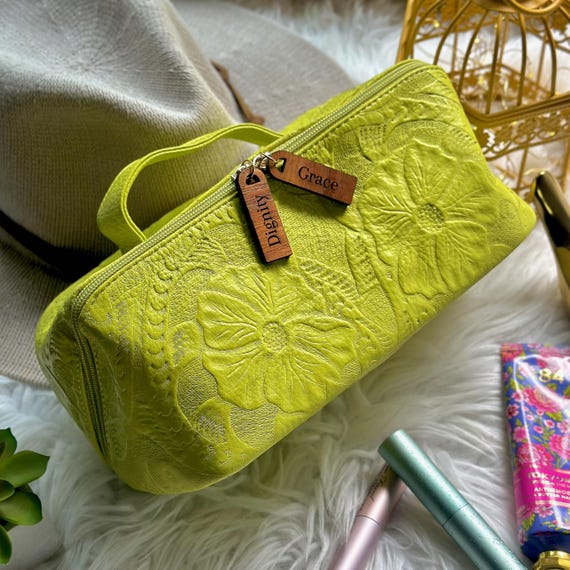Handcrafted Leather Makeup Bag: Personalized Floral Organizer