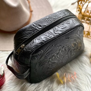 Leather Toiletry bags for women • Embossed Makeup bag leather • cosmetic travel bag • cosmetic bag  • personalized gifts