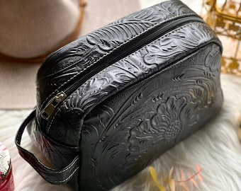 Embossed Leather Toiletry Bag: Handmade Boho Cosmetic Travel Pouch