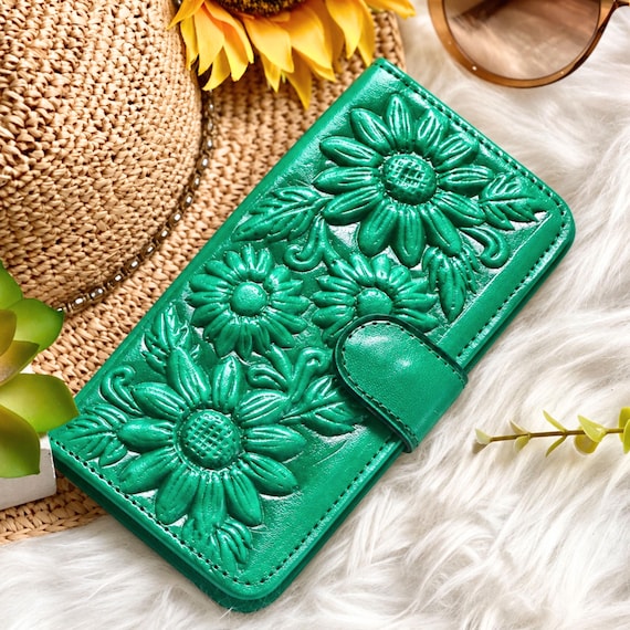Sunflower Wallet for Women, Handmade Leather Floral Wallet, Gift for Wife or Mom, Boho Sunflower Lover Gift