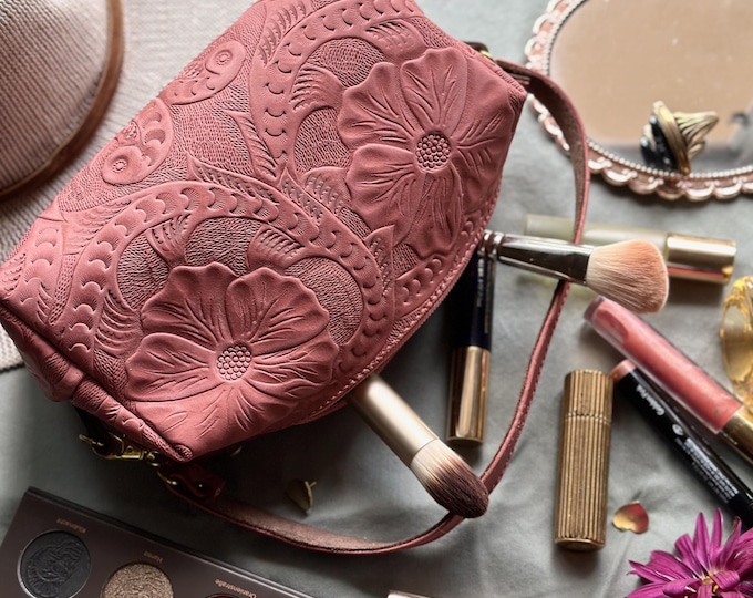 Graduation Gift for Her • Embossed Leather Makeup Bag • Personalized Leather Cosmetic Pouch